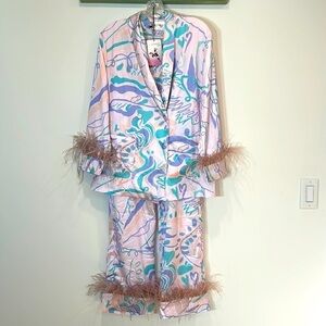 Florence Chai Look X Oceanus rose pink ostrich feather holiday pajama set new